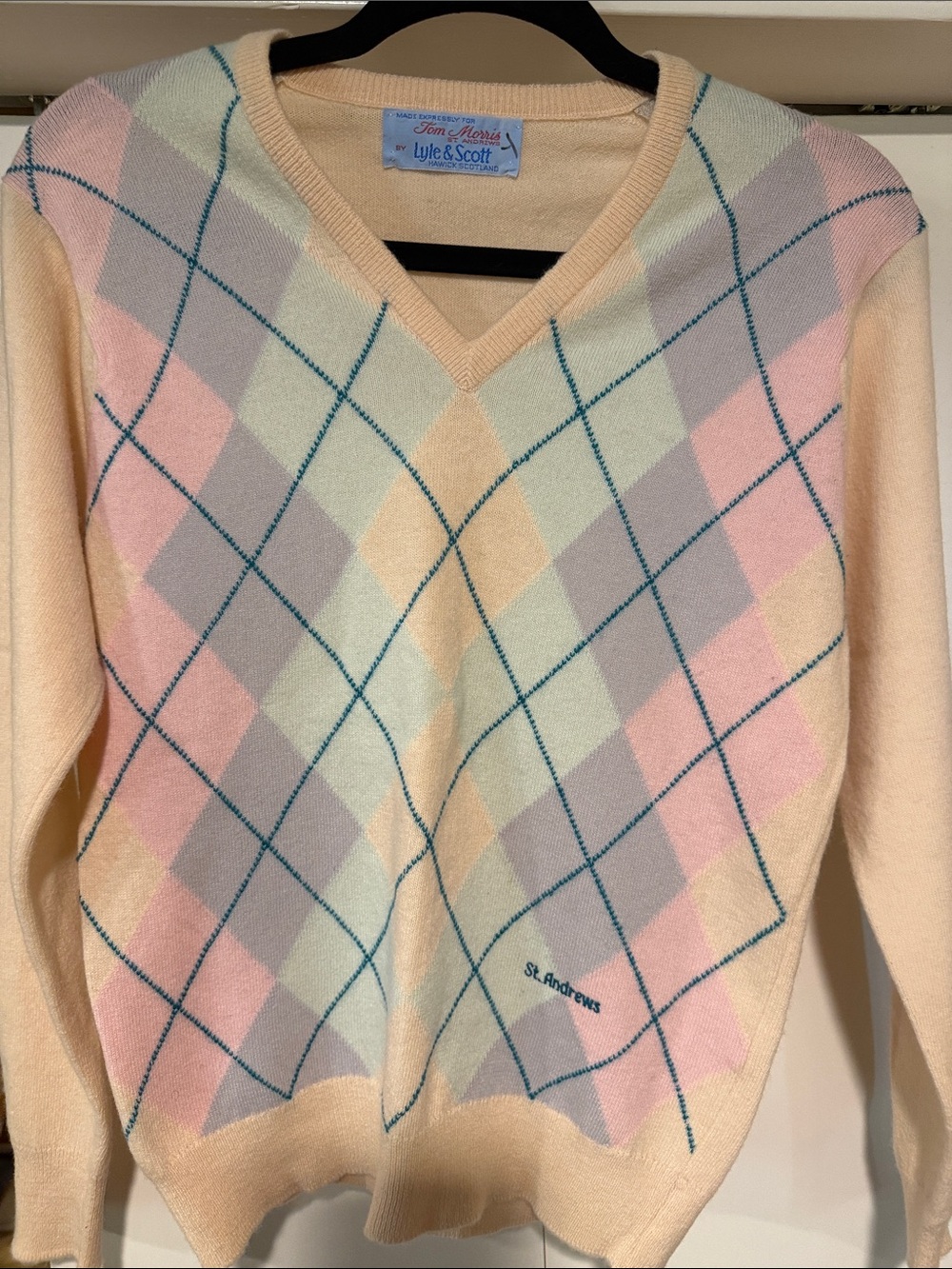 Lyle & Scott Pastel Argyle V-Neck Sweater - Cream, Pink, Mint, Gray - Preppy!